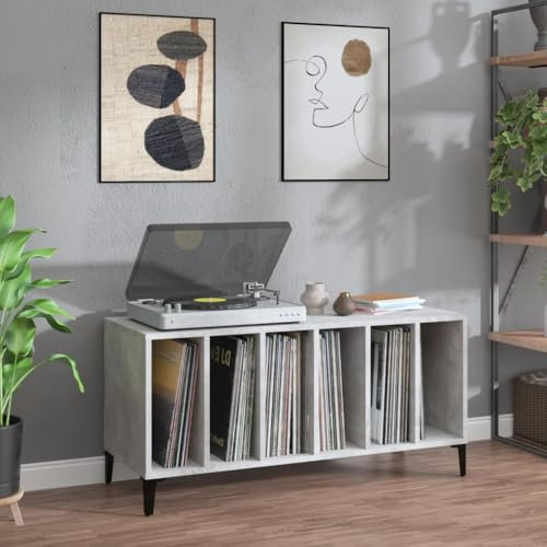 Prissent Meuble Porte-Disques 100 x 38 x 48 cm en Bois Multicouche, Salon, Vinyle, TV Mobile, Basse, CD, Multifonction, Étagère, Bibliothèque, Gris
