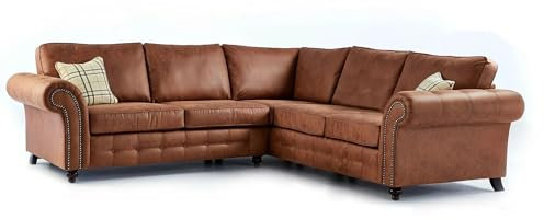 Oaklands Furniture Sofas – OAKLAND Corner Sofa in brown Suede Leather | Symmetrical Shape | Vintage Style with Brass Studs | Oakland Leather Sofas