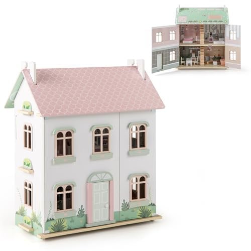 HOMASIS Puppenhaus mit 3 Etagen, Puppenvilla inkl. 19 Möbeln & Zubehör, Rosa Puppenstube Holz, Traumhaus für Mädchen, DIY Dollhouse Traumvilla Spielset für Kinder ab 3 Jahren