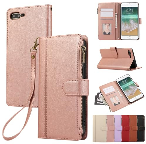 Rosbtib Handyhülle für iPhone SE 2022/2020 iPhone 8/7 4.7 Zoll Lederhülle Reißverschluss Magnetverschluss Brieftasche mit 4 Kartenfächern Standfuntion Retro Ledertasche iPhone SE/8/7 Hülle, Roségold