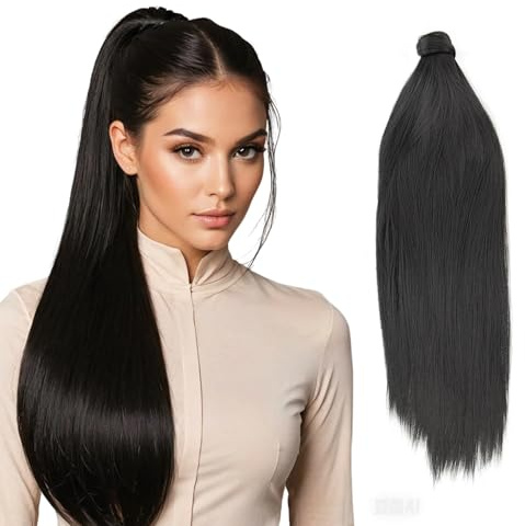 JJstar 70cm Langer Glatter Pferdeschwanz Zopf Haarteil, Synthetische Haarverlängerung für Damen und Mädchen