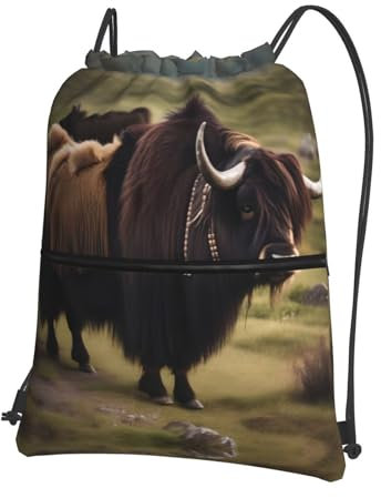 LLKGOT Mighty Highland Yak Rucksack mit Kordelzug, Reißverschluss, stark und leicht, für Wandern, Camping, Schwarz, Einheitsgröße