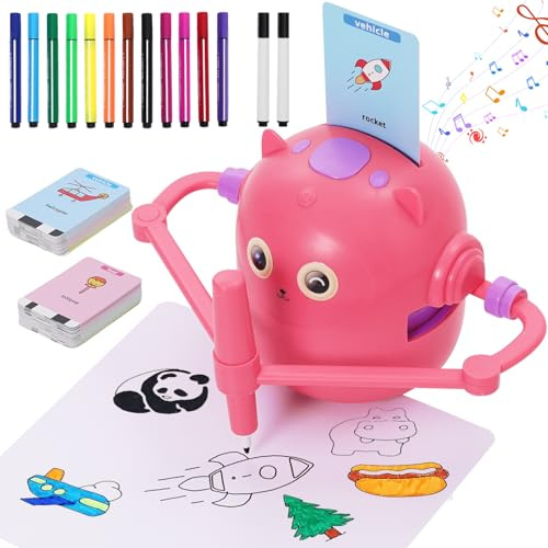 Maycoly Drawing Robot for Kids Educational Drawing Robots Toy with 100 cards Interactive Educational Toy for Children Montessori Painting Learning Toy for Kids 3 4 5 6 7 8 9 Pink