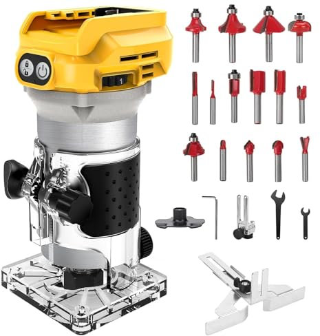 Cordless Router Compatible with Dewalt 20V Battery – Brushless Handheld Palm Routers with 6 Speed, Portable Wood Router Tool for Woodworking, Hand Edge Trimmer with 15 Milling Bits Set
