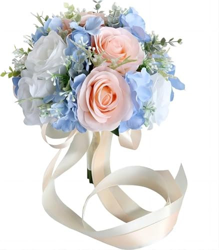 Yvessvi Künstliche Hochzeitssträuße, Brautsträuße für Hochzeit, romantische Brautsträuße, Blumensträuße, blaue und rosa Rosensträuße für Kirchenzeremonie, Valentinstag
