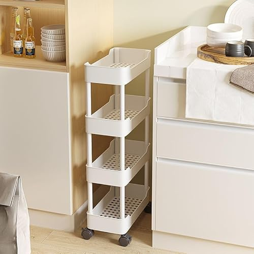 Küchenwagen mit 5 Ebenen, schmales Gemüseregal mit Drainage, einfache Montage, ideal für Waschküche, Schönheitssalon oder Badezimmer, Weiß, 25 cm Breite