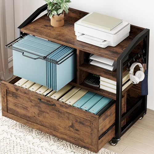 HSH Rollcontainer Mit Schublade Aktenschrank Holz Rustikal Braun 84 cm | Schubladenschrank für DIN A4 Letter Druckerständer mit schraubenlosen Für Homeoffice Büro