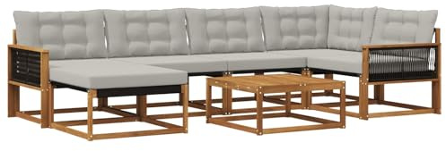 vidaXL Outdoor-Sofagarnitur mit Kissen 7 pcs Natürlich und Hellgrau, Modernes Garten-Sofa-Set, langlebige Loungemöbel, stylische Terrassensitze, wetterfeste Schaumkissen, Akazienrahmen