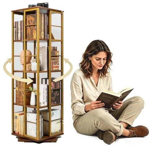 Nivadeui Drehbares Bücherregal Bücher Regal Gold, Bodenstehendes Bücherschrank Holz, Bookshelf Bücherregale 360 frei Drehbar, Freistehendes Standregal für Schlafzimmer Wohnzimmer (5 Ebenen)