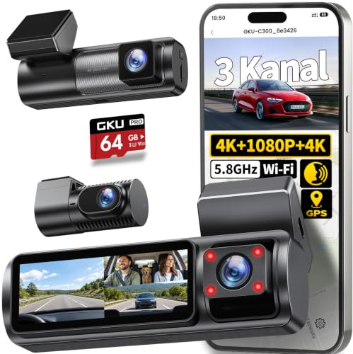 GKU 3-Kanal-Dashcam, 4K+1080P+4K 5.8G WiFi Dashcam Auto Vorne Innen Hinten | 3 IPS-Bildschirm,GPS mit 64GB SD Karte,Super Nachtsicht,WDR,G-Sensor,Loop-Aufnahme,Parküberwachung,Max512GB