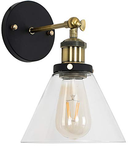 MiniSun | Steampunk Black and Gold Wall Light Fitting with a Clear Glass Conical Shaped Light Shade | Wall Lamps & Sconces, Home Décor Essential | Includes Bulb [2700K Warm White] | Mains Wired