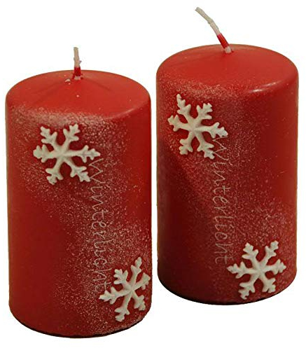 Wunderschöne Adventskerzen Winterlicht - 2 Stück - Motiv: Schneeflocke - Kranzkerzen/Stumpenkerzen - Weihnachtskerzen/Kerzen Weihnachten (Rubin, Klein: Höhe 10cm - Ø 6cm)