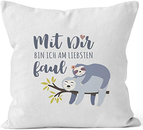 MoonWorks® Kissen-Bezug Faultier Mit Dir Bin ich am liebsten faul Spruch Pärchen Geschenk Kissen-Hülle Deko-Kissen Baumwolle weiß Unisize