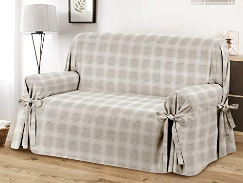 HomeLife Sofabezug Beige & Couch Überzug | Eleganter Karo Sofa Überwurf aus Baumwolle | Schmutz & Kratzschutz für Sessel & Sofa