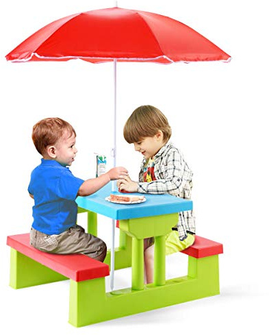 GOPLUS Table Pique-Nique Enfant, Table Enfant Extérieure avec Parasol Amovible, Salon de Jardin en PP, Petit Banc pour Balcon, Patio, Terrasse (Bleu+Rouge+Vert)