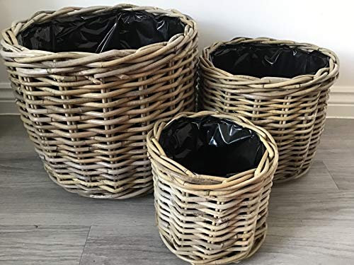 Round Baskets/Planters, Plastic Lined, Excellent Quality, Very Strong Kuba Rattan (Set of 3)
