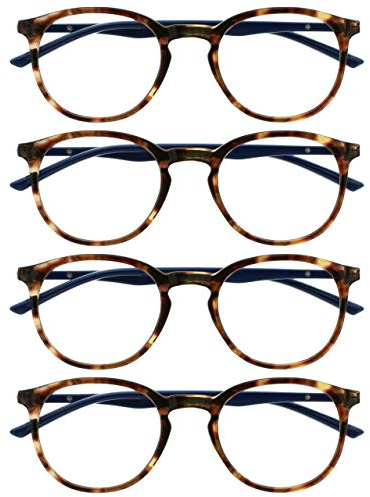 OPULIZE Met lesebrille 4er Pack Schlank Runder Rahmen Federscharniere Kratzfest Braun Schildpatt Blau Bügel Herren Damen RRRR60-2 +3.50
