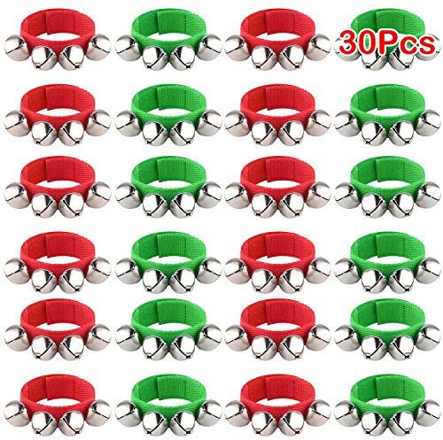 FEPITO 30 Stück Weihnachten Band Handgelenk Glocken Armbänder Jingle Bells Musical Knöchel Glocken Rhythmus Instrument Percussion Weihnachtsfeier Dekoration Gefälligkeiten