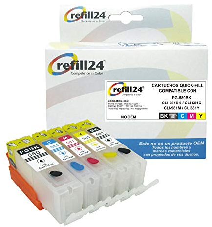 refill24-5 wiederbefüllbare Tintenpatronen Compatible mit Canon PGI-580 XXL, CLI-581 XXL,Pixma TS6150,TS8150, TS9155, TR7550, TR8550, TS6250,TS8250, TS9550, TS705, TS6350, TS8350
