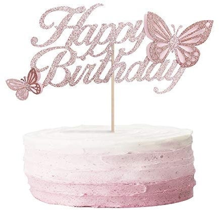 ALISSAR Rose Gold Happy Birthday Cake Topper with 3d Handmade Butterfly, Butterfly Cake Toppers for Girls Women's Birthday Cake Party Decorations.