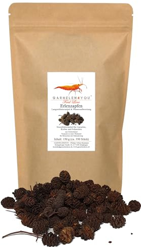 GARNELEN4YOU® Erlenzapfen | natürliche Wasseraufbereitung & Langzeitfuttermittel | klimaneutrale Verpackung | wertvolle Inhaltsstoffe für Garnelen, Krebse, Fische | Alder cones (150 g - ca. 350 Stück)