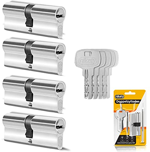 GERCAR Lot de 4 cylindres de serrure à fermeture identique - 4 cylindres profilés 35/35 avec 20 clés - 70 mm - Double cylindre - Serrure de porte à fermeture identique - Longueur : 70 mm, A : 35 B:35