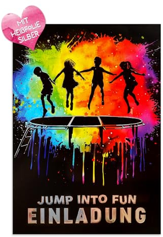 ZADAWERK® Einladungskarten - Jump into Fun - 12 Karten - Trampolin - Neon mit Silber-Effekt - Kindergeburtstag - Partyeinladungen - Set - Mädchen - Jungen