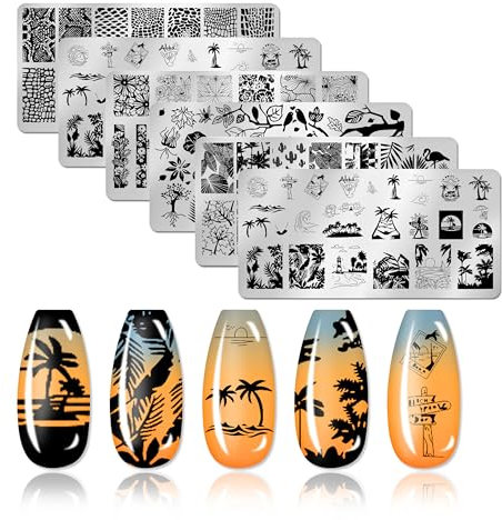 XEAOHESY 6pcs Nature Theme Nail Stamping Plates Leaf Island Scenery Flower Lace Snake Image Plates Christmas Nail Art Stamping Kit Nail Stamping Plates for Nails(4.72 x 2.36 Inches)