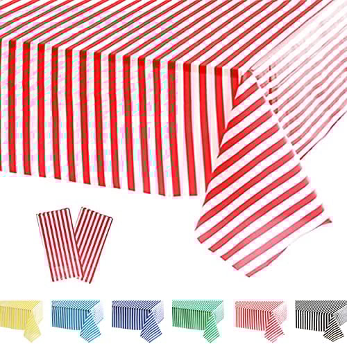 POPOYU 2Pcs Red Stripe Table Cloth,Circus Red and White Party Decorations,Red and White Candy Stripe Plastic Table Covers,Circus Table Decorations for Circus,Movie Night,Carnival Party Supplies