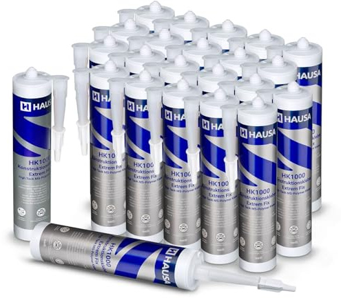 HAUSA Colle de construction HK1000 Extrem Fix Extrêmement forte et rapide Colle de montage professionnelle pour tout intérieur et extérieur Montage simple solide et rapide 24x 290ml Blanc