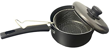 EZ Pack Non Stick Chip Pan 22cm 9 Family Size Deep Fat Fryer Cooking Pot Frying with Lid and Wire Basket Solid Aluminum Easy Clean, Grey