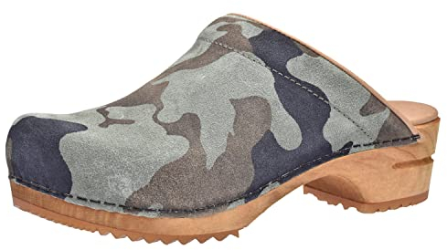 Sanita Soldi offener Clog | Original handgemacht | Leder-Holzclogs für Damen | Anatomisch geformtes Fußbett mit weichem Schaum | Nachhaltige Sohle | Olivgrüne Tarnung | 41 EU