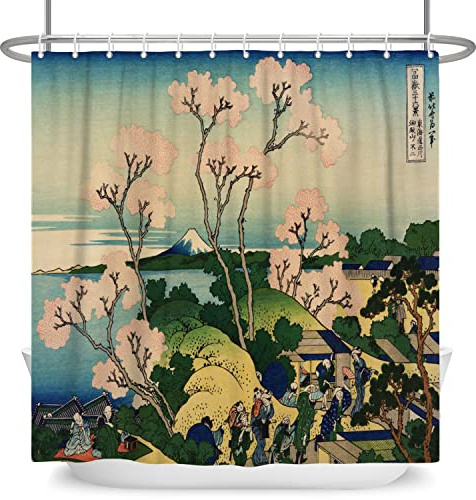 SDOTPMT 90x183cm Japanisch Frühling Landschaft Duschvorhang Kirsche Blüte Ukiyo-e Kanagawa Badevorhang Fuji-Berg Orient Ethnisch Animes Badewannenvorhang für Badezimmer Polyester mit Haken