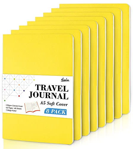 feela Notizbuch A5 Softcover, 8 Stück Notizbuch liniert, Notizheft mit 92 Seiten, 14x21cm, Notizblock Set gut für Büro und Schule zum Zeichen, Schreiben, für Student und College, Din A5, gelb