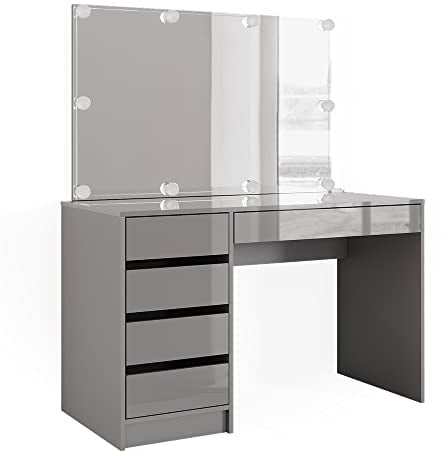 Vicco Schminktisch Sherry, Kosmetiktisch mit Spiegel, Grau Hochglanz, 120 cm mit LED Beleuchtung