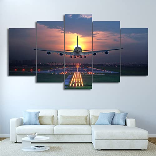 BIURKA Foto auf leinwand Sunset Lights Flugzeug Wand Wohnzimmer Wanddekoration Ölbild für Zuhause, moderne Dekoration, Dekodruck 5 Stück Kein Rahmen 200x100cm