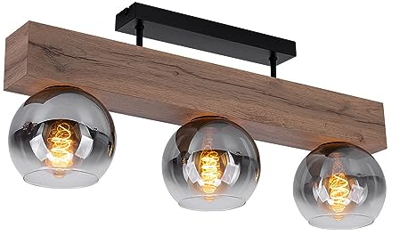 etc-shop Deckenleuchte Schlafzimmerlampe Deckenstrahler Holzoptik 3-flammig Deckenlampe, Glas rauch, Metall MDF, 3x E27 Fassung, LxH 65 x 28 cm