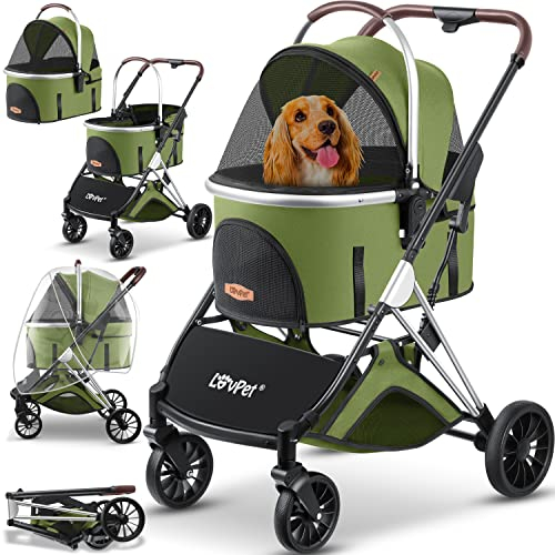 LOVPET® Hundewagen 3in1 Hundebuggy bis 20kg Hundebox Transporttasche faltbar klappbar Große Räder Netzfenstern Regenschutzabdeckung Getränkehalter Kuscheldecke Katzenbuggy Jogger Buggy für Haustiere