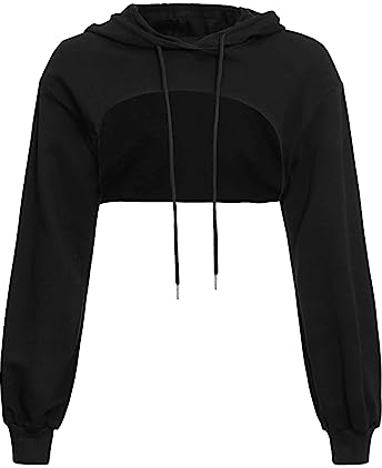 GORGLITTER Damen Crop Hoodie Pullover Sehr Kurz Sweatshirts Langarm Pulli Rundkragen Cut Outs Shirts mit Kapuze Schwarz S