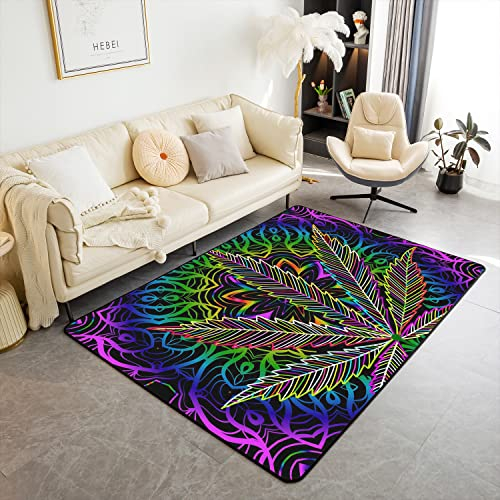 Loussiesd Marihuana Weed Teppich 100x150cm Wetterfest Matte Modern Teppich Cannabis Blätter Weich Gemütlicher Teppich Mädchen Boho Trippy Weed Blatt Teppich für Küche und Balkon