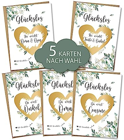 Ninky® Rubbelkarte 5 Rubbelkarten nach Wahl mit Kuverts - Schwangerschaft verkünden - Rubbellos Herz Gold Postkarte DIN A6