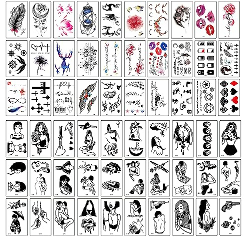 UMCHU 60 Blatt Tattoo Aufkleber für Frauen,Temperamentvolles Mädchen, Federn, Lippen Fake Tattoo Aufkleber,Realistische Fake Tattoos,Wasserdicht Temporäre Tattoo Aufkleber