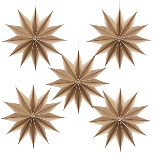 SUNBEAUTY 5er Set Papiersterne 30cm Original Holzfarbe Faltstern Weihnachten Dekoration 12 Zacken Faltsterne Party Deko für Weihnachtsdeko Hochzeit Geburtstag Tischdeko