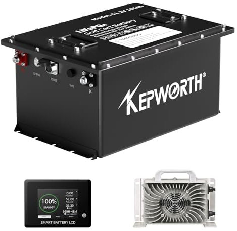 KEPWORTH 48V 100Ah LiFePO4 Batterie, Golfwagen Boot Batterie, 200A BMS, Max. 15000 Zyklen Deep Cycle Lithium Akku,Mit einem Batteriemonit,20A Ladegerät