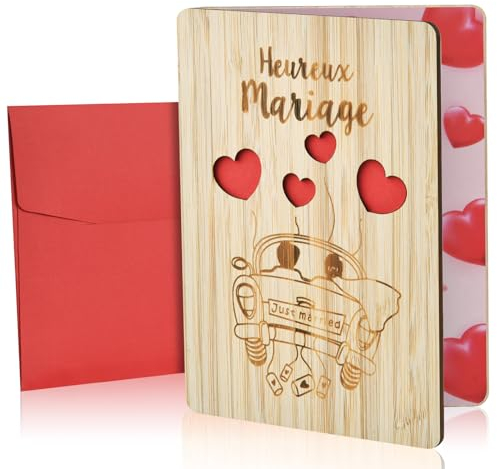 Vicloon Holzkarte aus Bambus, Hochzeitskarten Jahrestag Karten, Holz Geburtstagskarte, Einladung Karte Holz, Valentinstag Karte Holz, Premium Kreative Geschenkkarte mit Umschlag(Hochzeitsballons)