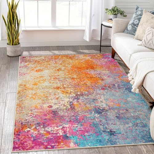 Lahome Modern Abstract Washable 5x7 Area Rugs for Living Room, Colorful Soft Bedroom Rug Low Pile Non Slip,Stain Resistance Dining Room Carpet for Nursery Office Entrance Home Office Decor