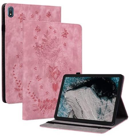 JZ Faux Leather Wallet Case For Nokia T20 10.4 inch Tablet - [Pen Holder][Butterfly Rose][Kickstand Flip][Angle Adjustment] - Pink