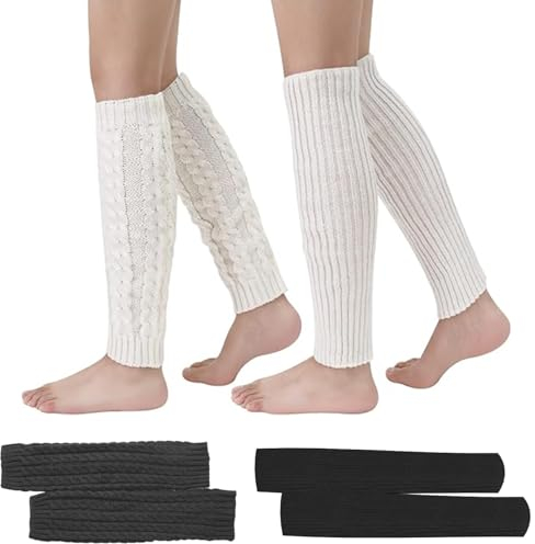 AYNKH 4 Pairs Knit Leg Warmers,Chunky Cable Rib Knit Leg Warmers Japanese Style Winter Boot Socks,Solid Striped Legwarmers for Women Girls Black White