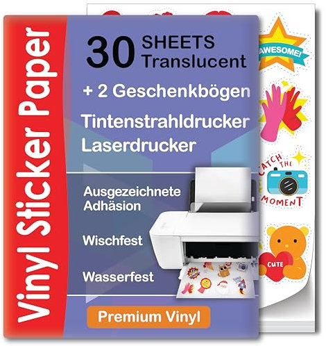 Bedruckbare Klebefolie Semi Transparent - 30 Blätter - A4 - Halb Transparentes Bedruckbares Vinyl Sticker Papier für Laser & Tintenstrahl - Wasserfest Vinylfolie - Kompatibel mit Cricut
