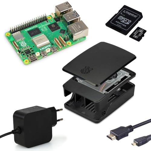 Raspberry Pi 5 4GB Starter-Kit/USB-C 27W Netzteil/Gehäuse mit Lüfter / 64GB SD Karte/Micro HDMI Kabel/Schwarz